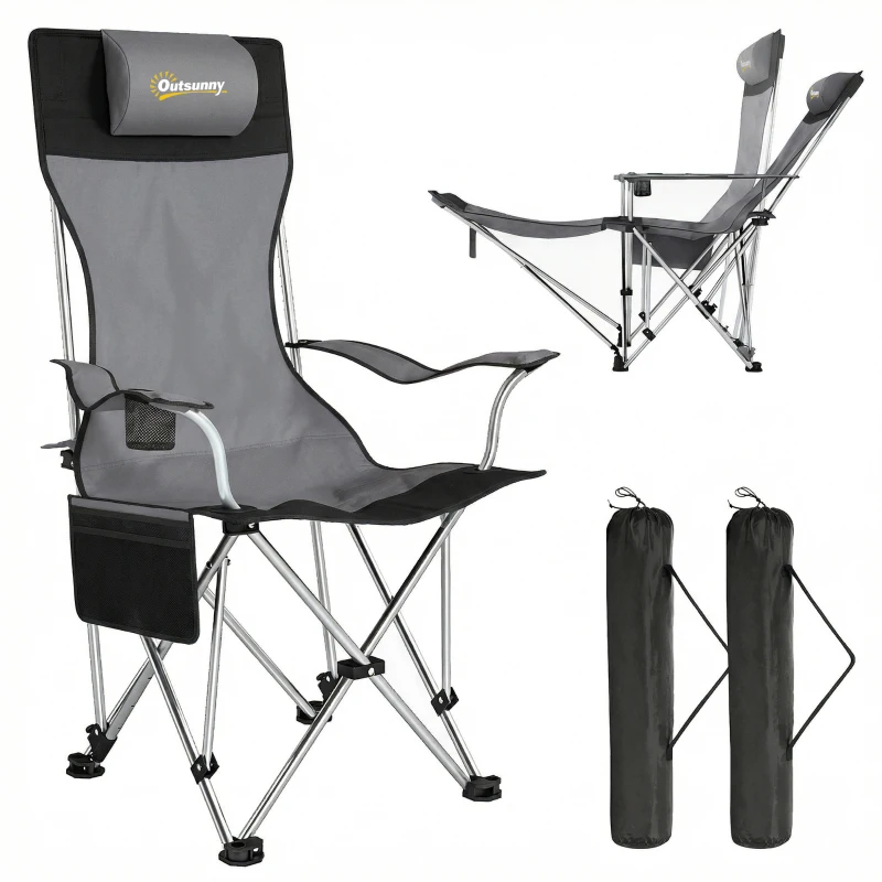 Outsunny 2er Set Campingstuhl faltbar Angelstuhl mit abnehmbar Fußstütze Getränkehalter belastbar 120 kg Grau