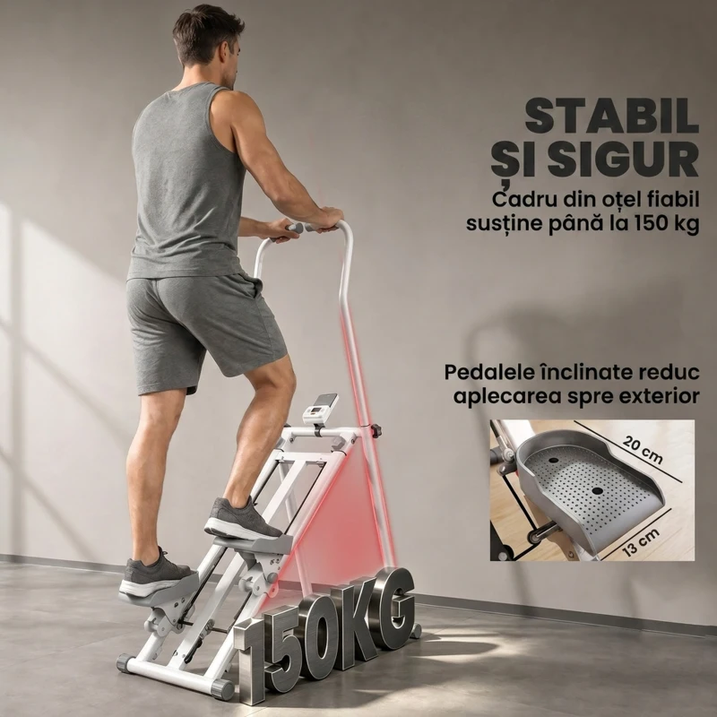 SPORTNOW Stepper Vertical Fitness cu Mânere Reglabile pe 3 Niveluri, Display LCD și Design Pliabil, 90x50x133 cm, Alb