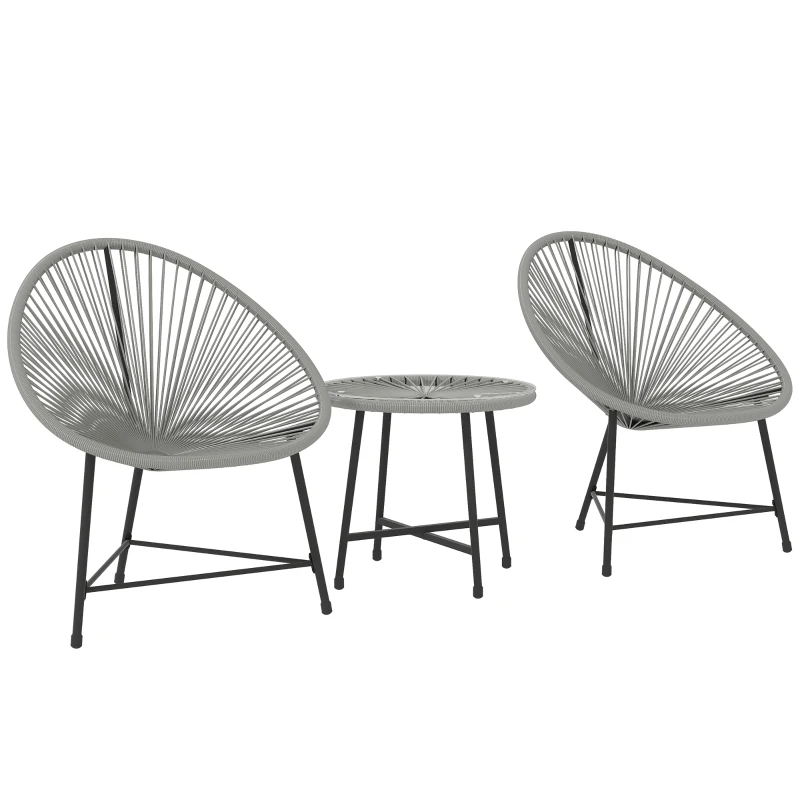 Outsunny 3-teiliges Gartenmöbel-Set, 2 Kunststoffrattan-Stühle, 1 Tisch mit Glasplatte, Stahlrahmen, Outdoor-Sitzmöbel, Grau