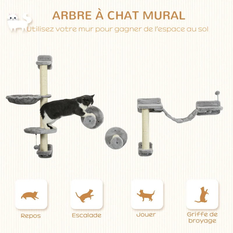 PawHut Arbre à chat parcours mural complet 4 pièces hamac, pompon, plateformes de saut, poteau en sisal et échelle peluche gris