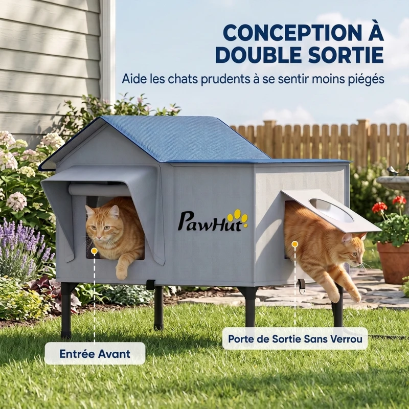 PawHut Niche Chauffante pour Chat d'Extérieur Imperméable Base Surélevée 5 cm Coussin Chauffant 55°C 51 x 41 x 55 cm Gris Clair