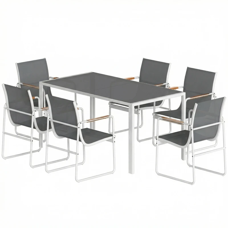Outsunny Conjunto de Mesa e Cadeiras de Jardim de 7 Peças com Mesa de Vidro Temperado 6 Cadeiras e Estrutura em Aço Branco e Cinza