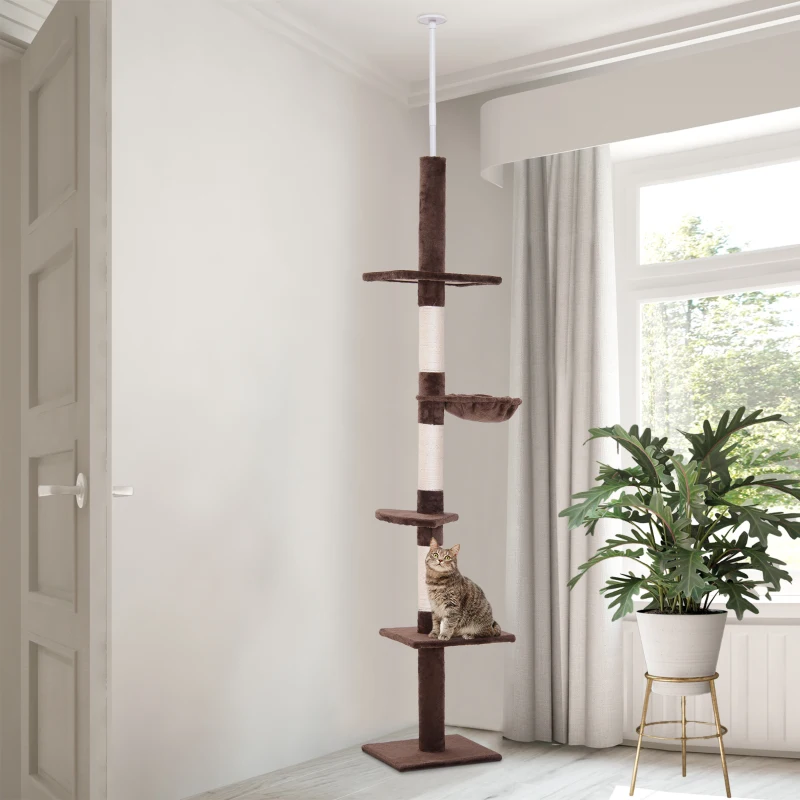 PawHut Arbre chat du sol au plafond poteau à griffer L40 x l 34 x H 230-260 cm 5 niveaux d'activités marron