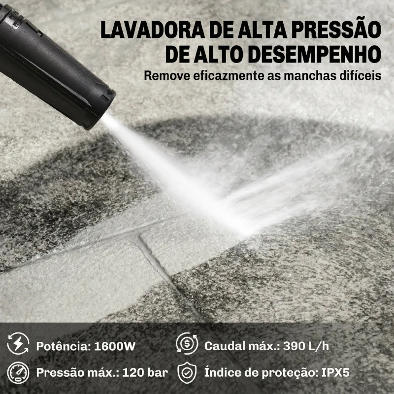 Outsunny Lavadora de Alta Pressão 1600W Presión 100 Bar Caudal 390 L/h com Bocal Ajustável e Rodas 29,5x22x60 cm Amarelo