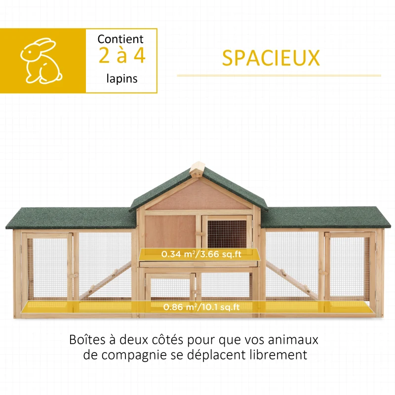 PawHut Clapier cage à lapins rongeurs XXL clapier nain 2 étages toit bitumé intégral tiroir déjection 210L x 45,5l x 84,5H cm bois massif pin pré-huilé