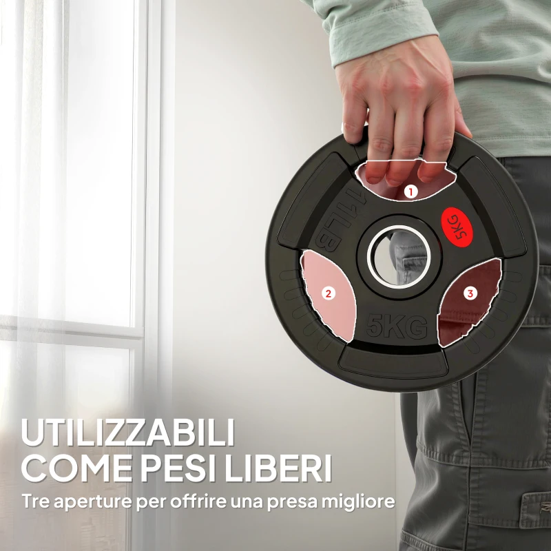 SPORTNOW Set di Dischi Pesi 2x5 kg con Foro da 5 cm e 3 Impugnature, Acciaio con Rivestimento in Plastica, Nero