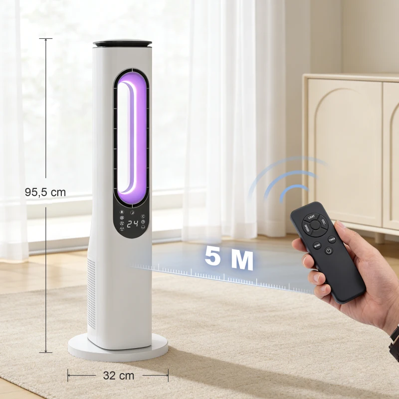 HOMCOM Rotorloser Turmventilator für Schlafzimmer, 35 dB leiser Standventilator mit 50° Oszillation, LED-Leuchten, 3 Geschwindigkeiten, 15-Stunden-Timer, Weiß