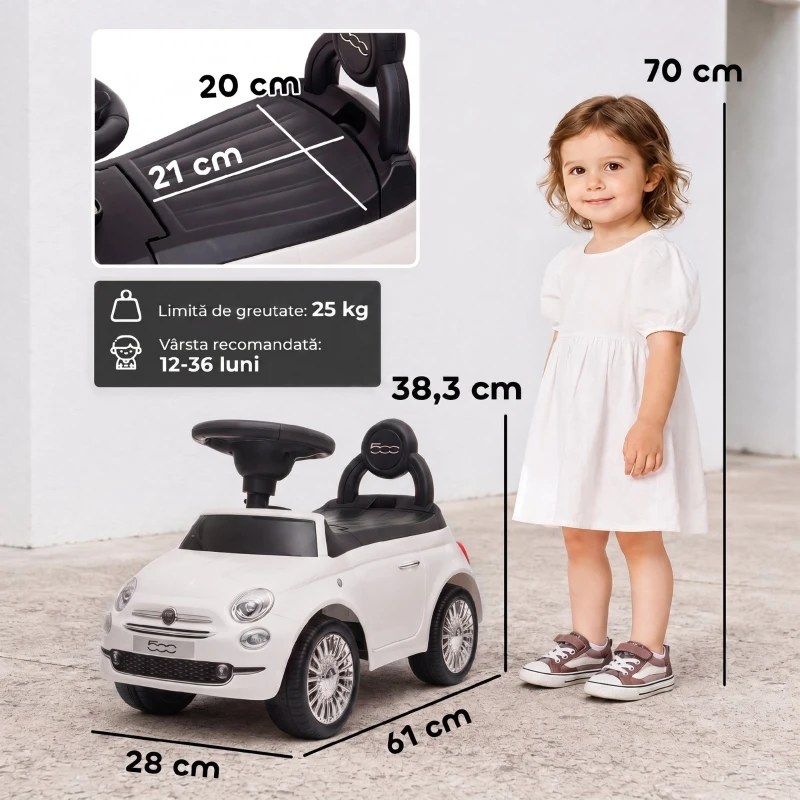 AIYAPLAY Mașinuță de Împins pentru Copii cu Licență Fiat, Muzică, Claxon, Anti-Răsturnare și PP, Alb