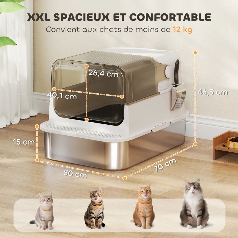 PawHut Bac à litière pour chat fermé en acier inoxydable, maison de toilette pour chat avec pelle, 70 x 50 x 46,5 cm, blanc