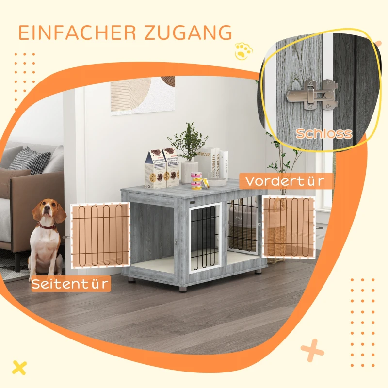 PawHut Hundekäfig Hundebox waschbares Polster, 2 Verriegelungen, 90 cm x 58 cm x 65 cm, Grau