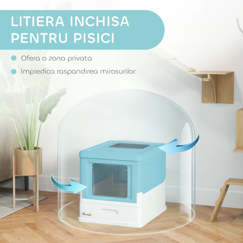 PawHut Litteră pentru Pisici Închisă cu Lopățică, Tavă Retractabilă și 2 Uși, 47.5x35.5x36.7cm, Albastră