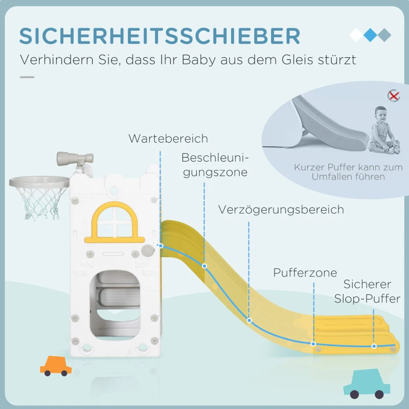 AIYAPLAY Kinderrutsche, 5 in 1, Kleinkinderrutsche mit Basketballkorb, Teleskop Klettergerüst Gelb 70 x 177 x 92 cm(m-5)