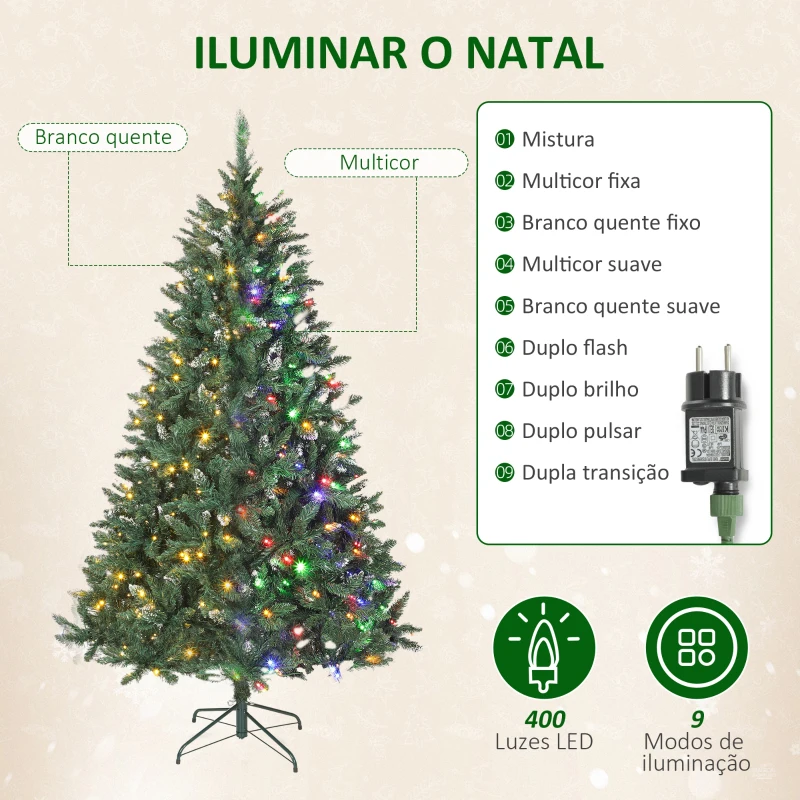 HOMCOM Árvore de Natal 210 cm com Luzes LED 9 Modos de Iluminação 1160 Ramos e Neve Artificial Verde