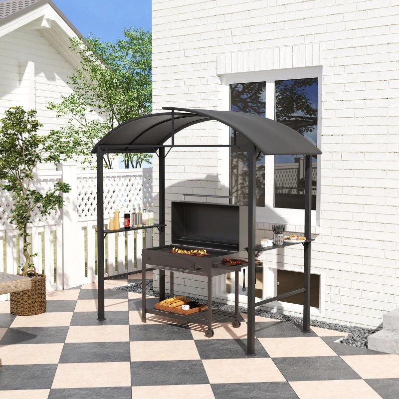 Outsunny Grillpavillon, 2 Seitenablagen, Haken, Stahlrahmen, 1,1 x 2,3m, Dunkelgrau(m-10)