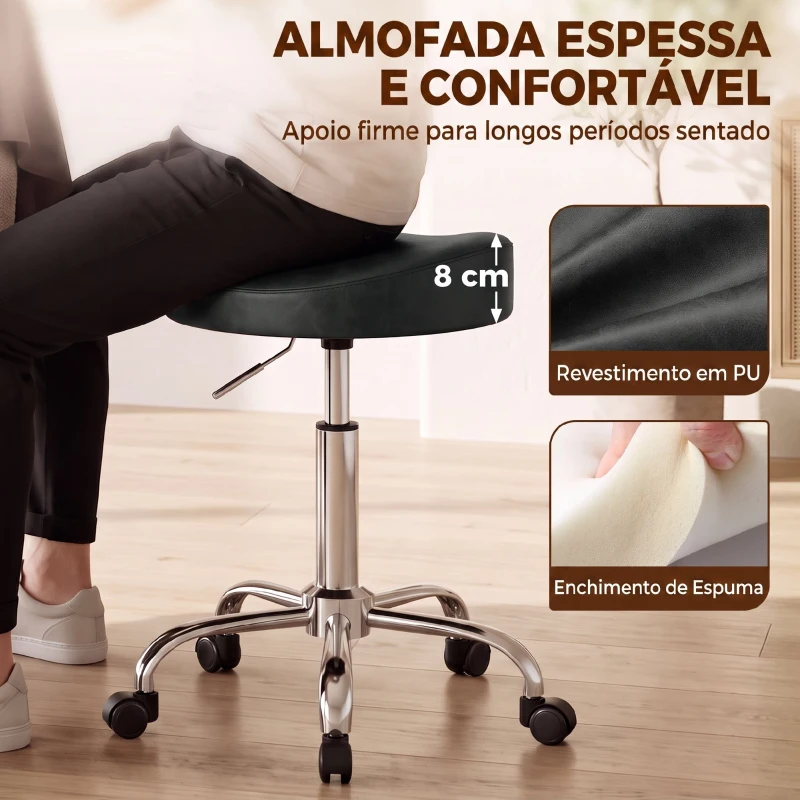 HOMCOM Banco Giratório com Rodas e Altura Ajustável em Pele Sintética com Assento Acolchoado para Spa, Escritório e Estúdio de Tatuagens Preto