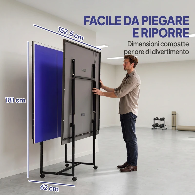 SPORTNOW Tavolo da Ping Pong Pieghevole per Interni con Ruote Girevoli, Rete, Racchette e Palline, Blu