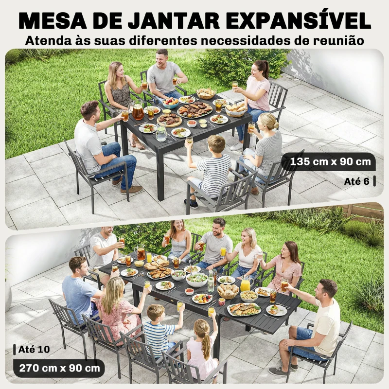 Outsunny Mesa de Jantar Exterior Extensível 135/270 cm para 6-10 Pessoas de Alumínio com Tampo de Ripas Cinzento Escuro