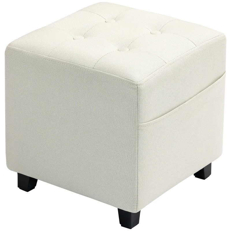 HOMCOM Repose pied salon, ottoman, siège rembourré capitonné en tissu aspect lin avec poche latérale, 35 x 35 x 35 cm, crème