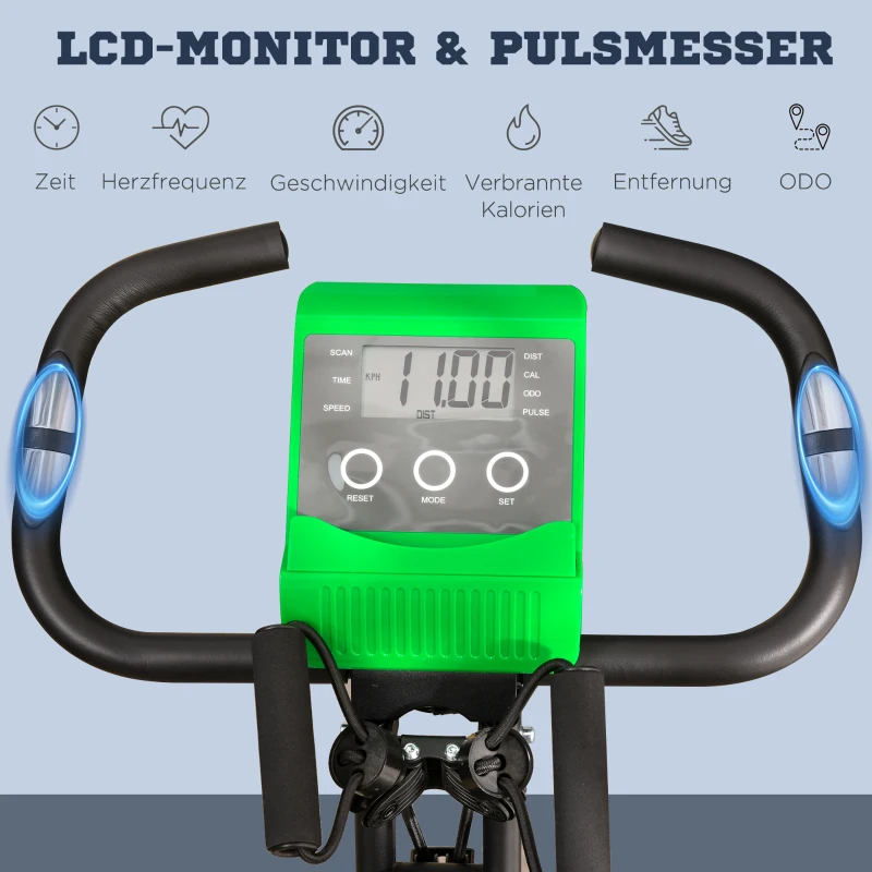 HOMCOM 2-in-1 Klappbarer Heimtrainer, 8 Stufen einstellbarer Magnetwiderstand, Fitnessrad mit Herzfrequenzsensor, Armstrecker, LCD-Bildschirm, 2,5 kg Schwungrad, grün