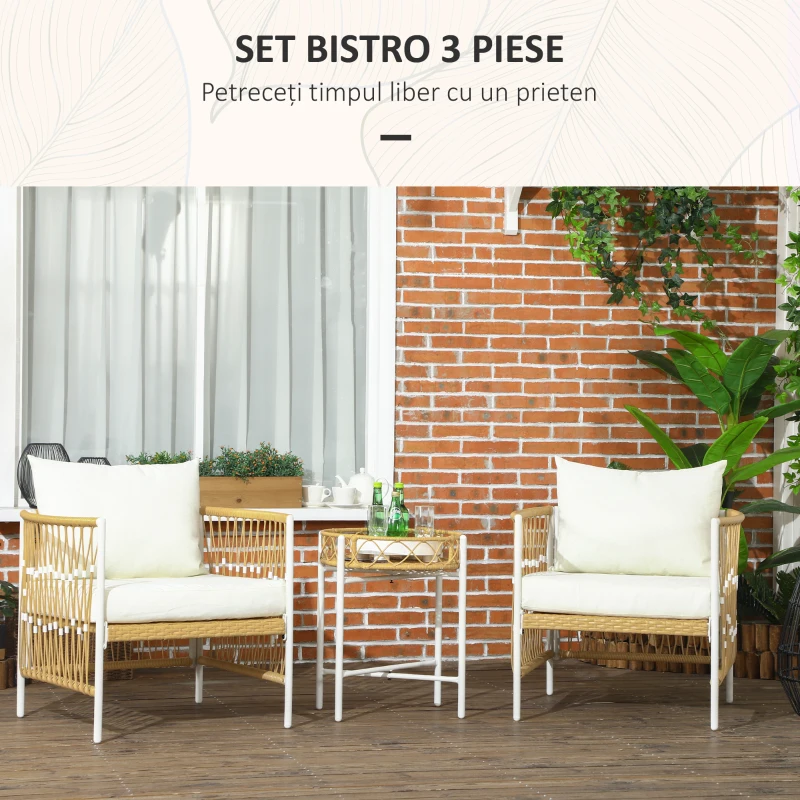 Outsunny Set de Grădină Stil Boho din Ratan cu 2 Scaune cu Perne și Măsuță Rotundă, Galben