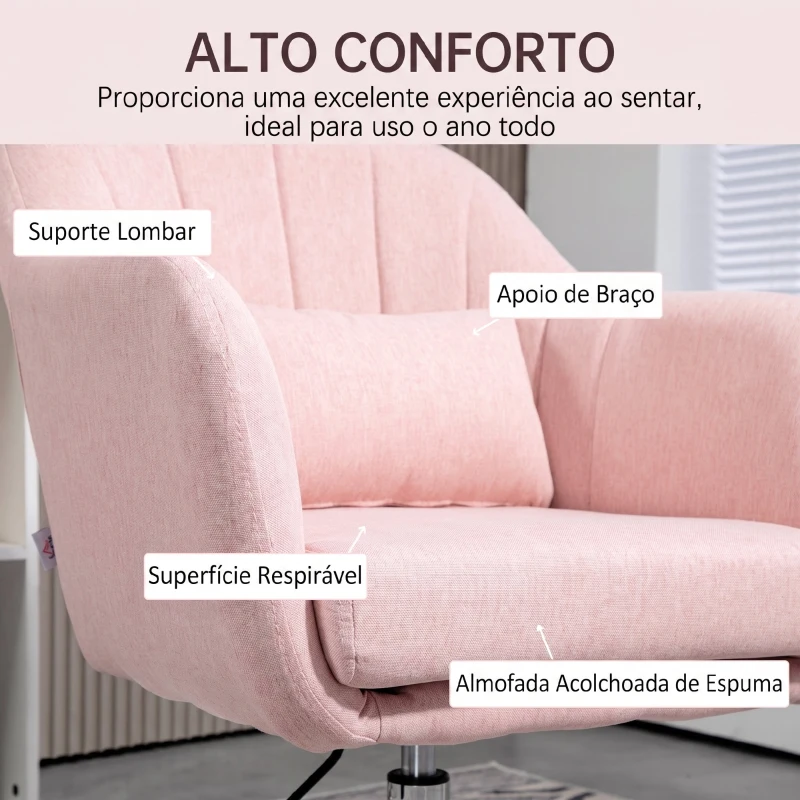 HOMCOM Cadeirão Giratório 360° para Sala de Estar com Altura Ajustável, Encosto Envolvente, Apoios de Braços e Almofada, 60x60x79-91 cm, Rosa