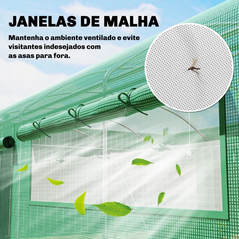 Outsunny Estufa Tipo Túnel 6x3x2 m com 3 Portas Enroláveis 6 Janelas com Rede e Estrutura de Aço Galvanizado Verde