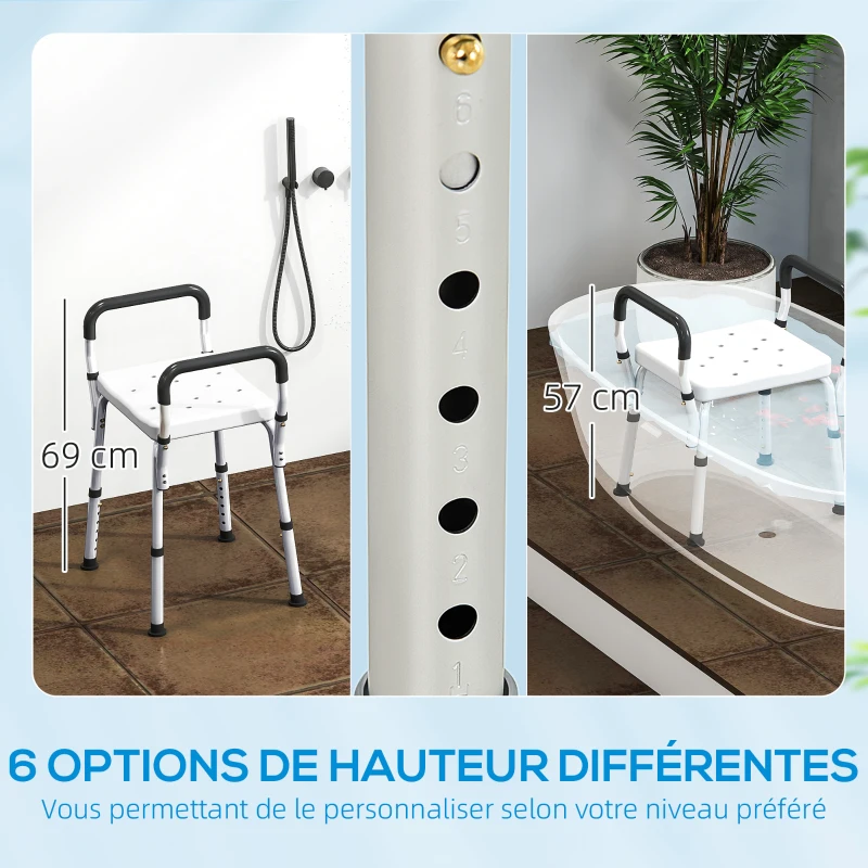HOMCOM Tabouret de douche pour personnes âgées et handicapées avec accoudoirs, hauteur réglable, patins antidérapants, blanc