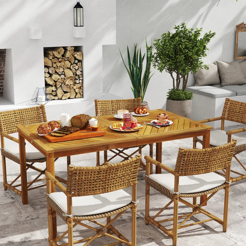 Outsunny Gartentisch 150x85cm, Wetterfest Balkontisch aus Holz, 6 Personen mit Schirmloch, Lamellendesign Naturholz