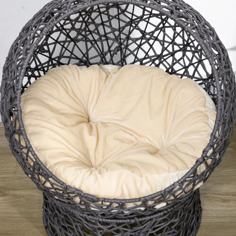 PawHut Panier chat lit surélevé chat cosy niche grotte 50 x 50 x 60 cm coussin moelleux crème inclus, corde en polyester violet