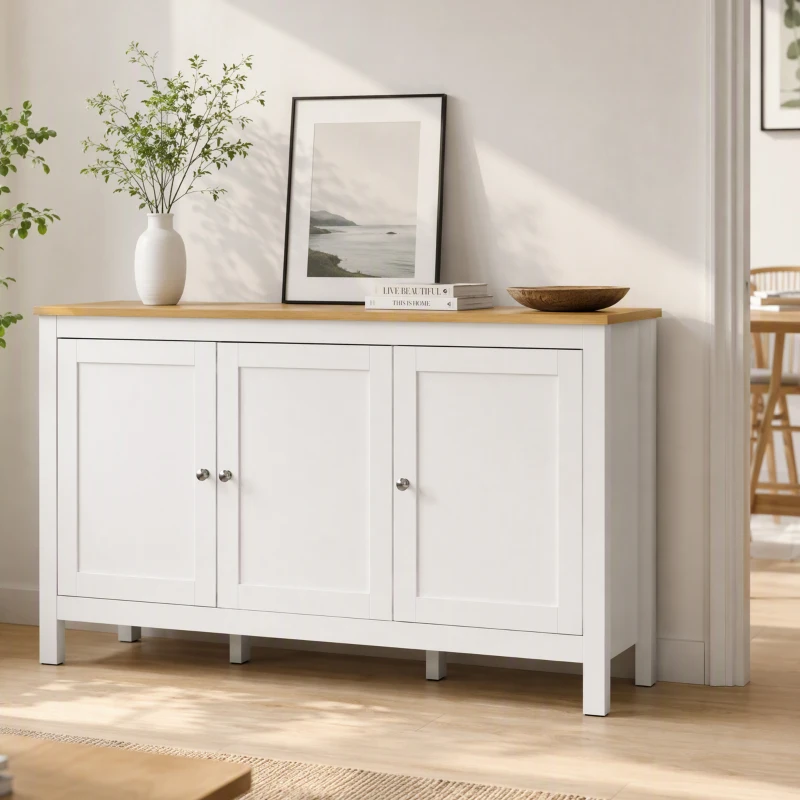 HOMCOM Aparador Sala de Estar com 3 Portas e Prateleiras Ajustáveis Estilo Moderno 120x40x70 cm Branco e Madeira