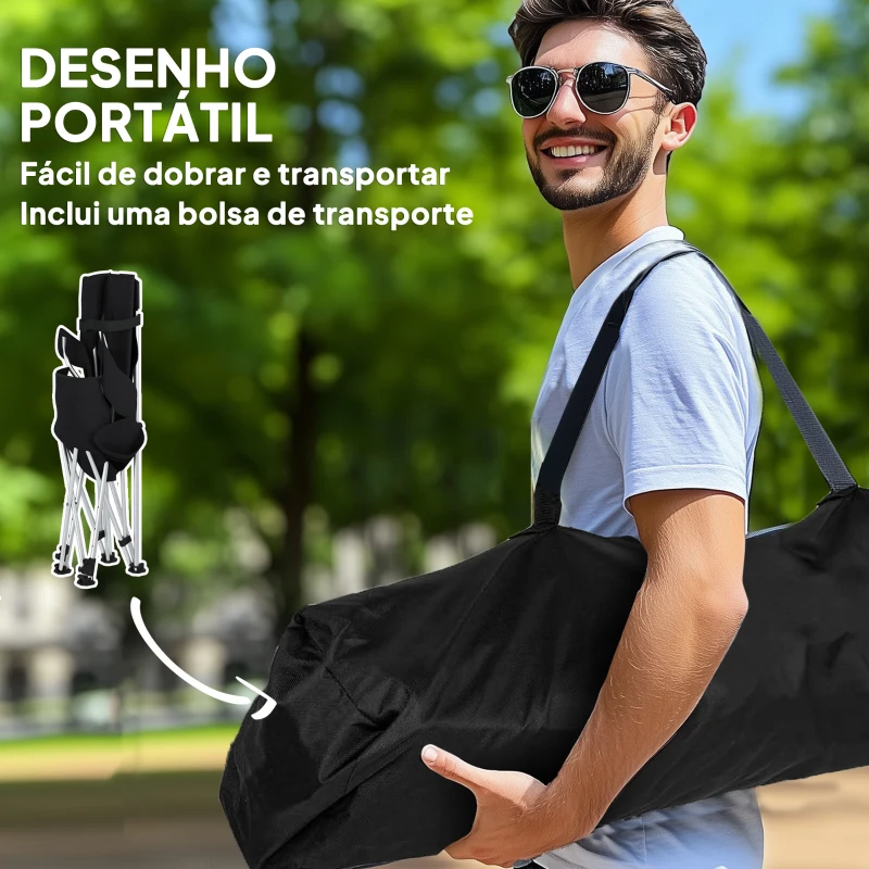 Outsunny Conjunto de 2 Cadeiras Dobráveis Campismo com Apoio para a Cabeça Porta-Copos e Bolsa Lateral 50-100x82x88 cm Preto