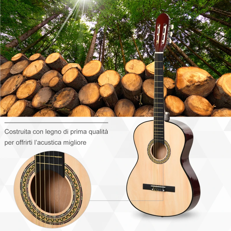 HOMCOM Chitarra Classica da 40" per Adulti con Custodia, Accordatore, 3 Plettri e 6 Corde Nylon di Ricambio