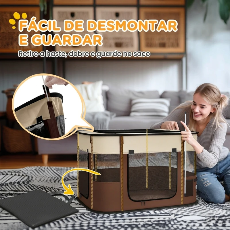 PawHut Parque Dobrável Portátil para Cães e Gatos, Cachorros, Coelhos e Porquinhos-da-Índia, Tecido Oxford, 84x64x53 cm, Castanho