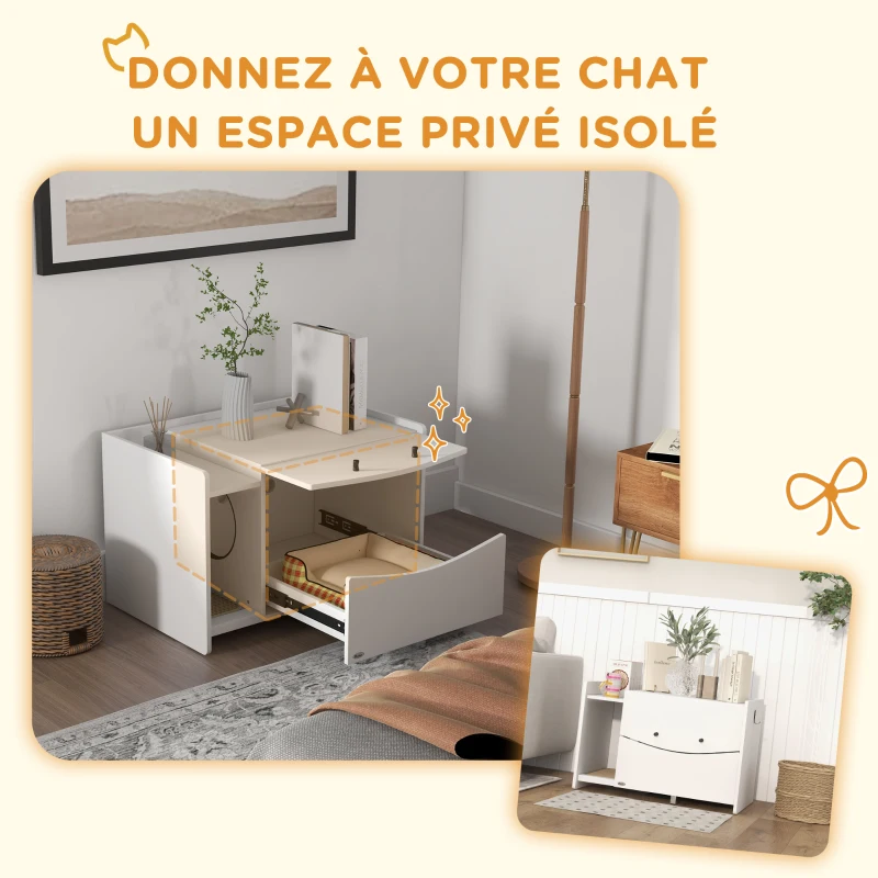 PawHut Meuble 2 en 1 maison de toilette bac à litière chat compartiment coulissant 78 x 50 x 51cm blanc