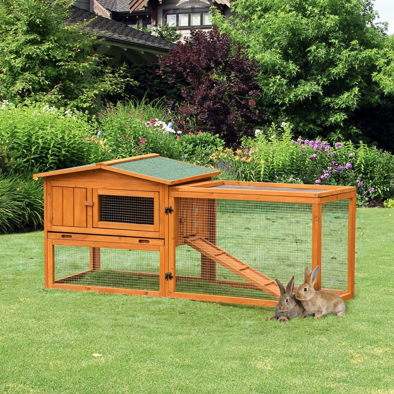 PawHut Coelheira de Madeira Exterior Gaiola para Coelhos de 2 Níveis com Teto Asfáltico 2 Áreas Cercadas Bandeja Removível 2 Portas Janela e Rampa 157,4x53x93,5cm Madeira Natural