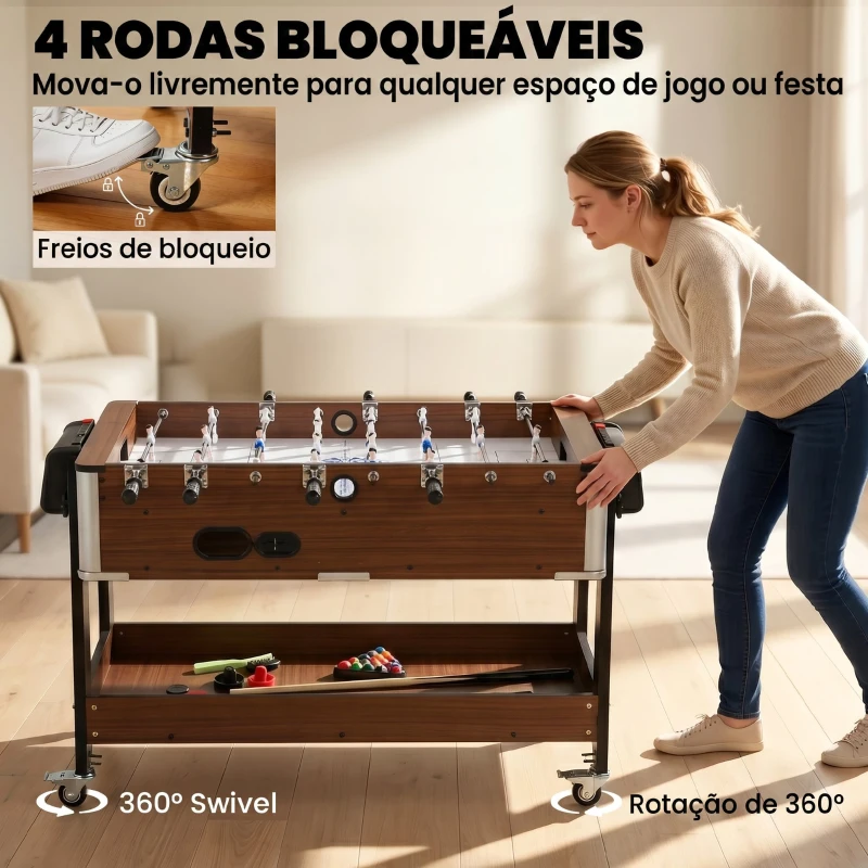 SPORTNOW Mesa Multijogos 3 em 1 com Rodas com Travão Prateleira de Arrumação Matraquilhos para Crianças Bilhar Air Hockey Nogueira