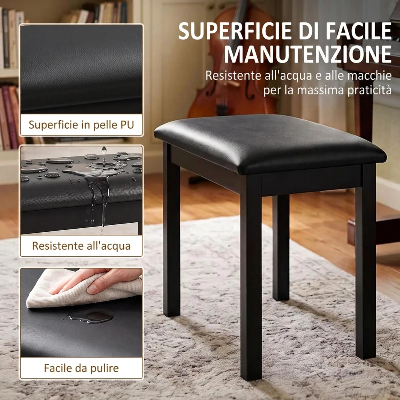 HOMCOM Sgabello per Pianoforte con Gambe in Legno di Caucciù, Seduta Imbottita, Rivestimento in Finta Pelle PU, Nero