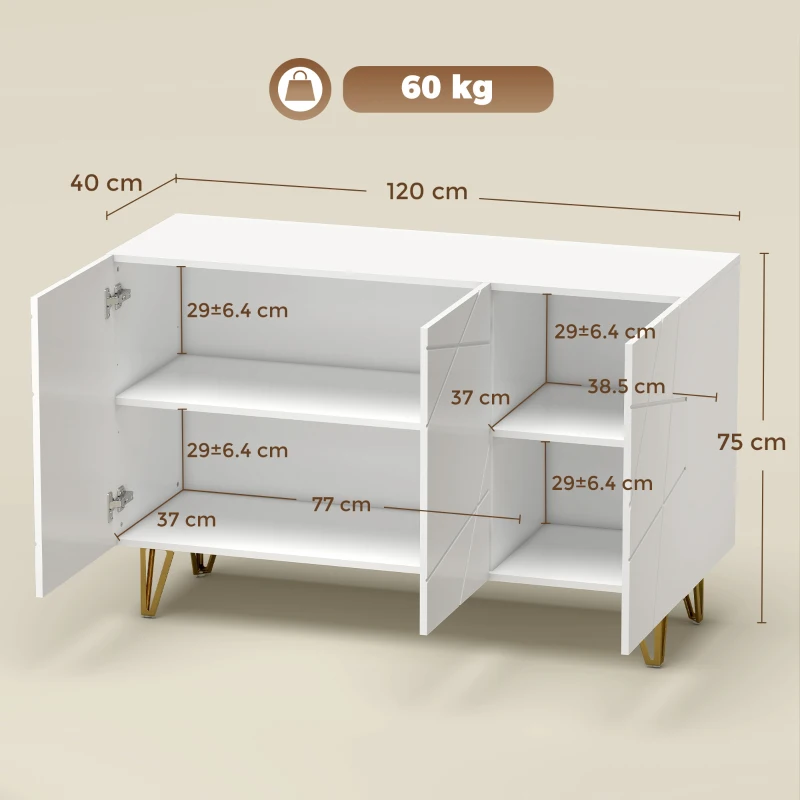 HOMCOM Dulap de Depozitare cu 2 Dulapuri și Raft Reglabil, din PAL și Metal, 120 x 40 x75 cm, Alb și Auriu