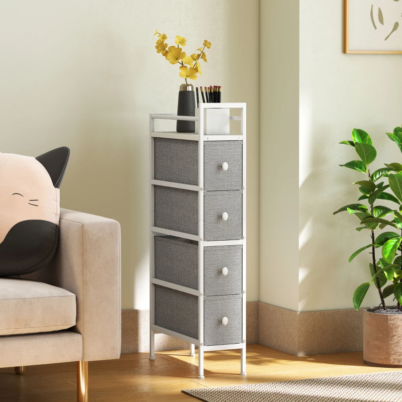 HOMCOM Móvel de Arrumação Estreito com 4 Gavetas de Tecido para Espaços Pequenos 20x43x81,5 cm Cinzento Claro