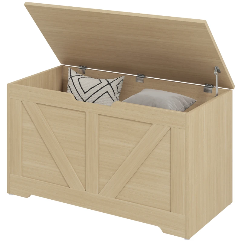 HOMCOM Coffre de rangement, banc de rangement avec couvercle rabattable et charnières de sécurité, 80 x 40 x 45 cm, bois naturel