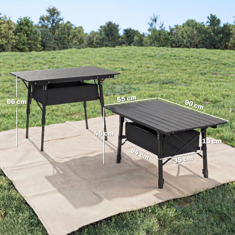Outsunny Campingtisch mit Aufbewahrungskorb, höhenverstellbar, faltbar, Aluminium, Schwarz