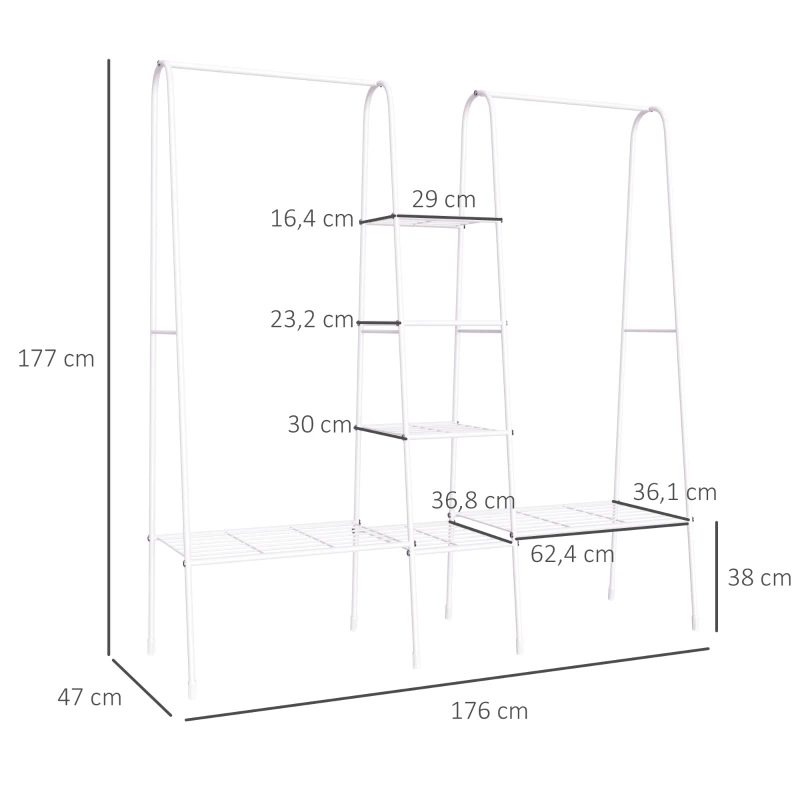 HOMCOM Kleiderständer mit Schuhablage Freistehender Kleiderstange Garderobenständer Stahl Weiß 176 x 47 x 177 cm