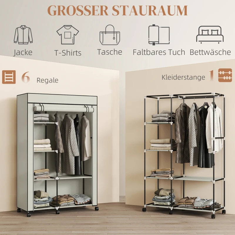HOMCOM Schrank aus Stoff, Aufbewahrungslösung, 6 Regale, 1 Kleiderstange, Creme
