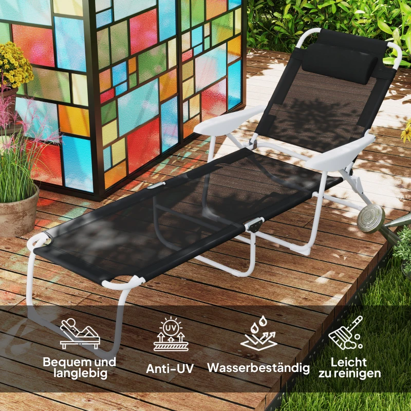Outsunny Sonnenliege klappbar Gartenliege mit Kopfkissen, Liegestuhl mit 4-Fach verstellbare Rückenlehne bis 120 kg Schwarz