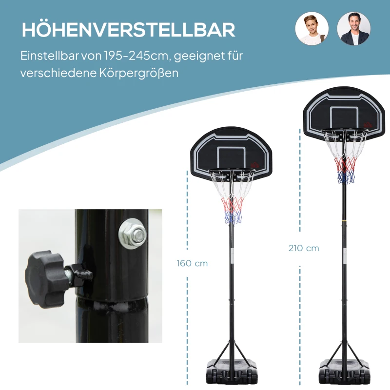 HOMCOM Basketballkorb Outdoor für Jugendliche, 160-210 cm Höhenverstellbarer Basketballständer mit Rollen