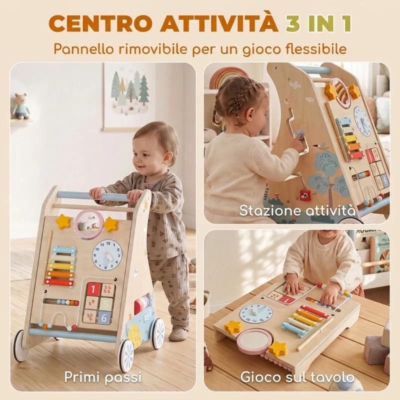 AIYAPLAY Carrello Primi Passi in Legno con Pannello Attività Bifacciale Rimovibile, per Bambini 1-3 Anni