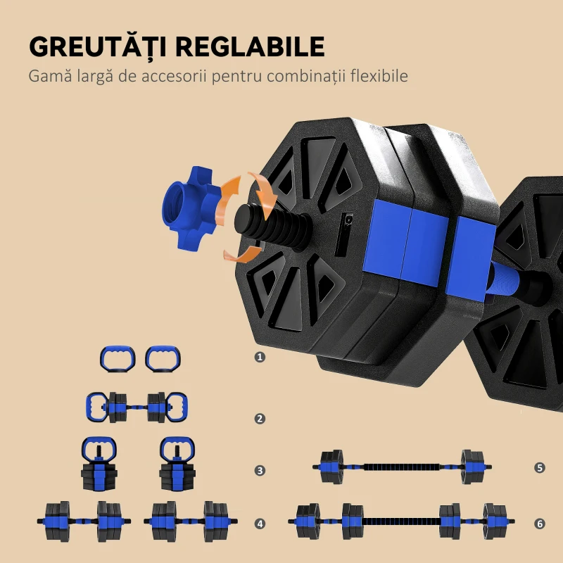 SPORTNOW Set Greutăți Fitness 6 în 1 Multifuncțional, 20 kg din Plastic și Nisip, 125x18x18 cm, Albastru