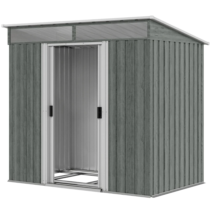 Outsunny Abrigo de Jardim Exterior 2 m² 195x122x181,5 cm Abrigo Metálico com Base SEM CHÃO 2 Portas de Correr Janelas Cinza Claro