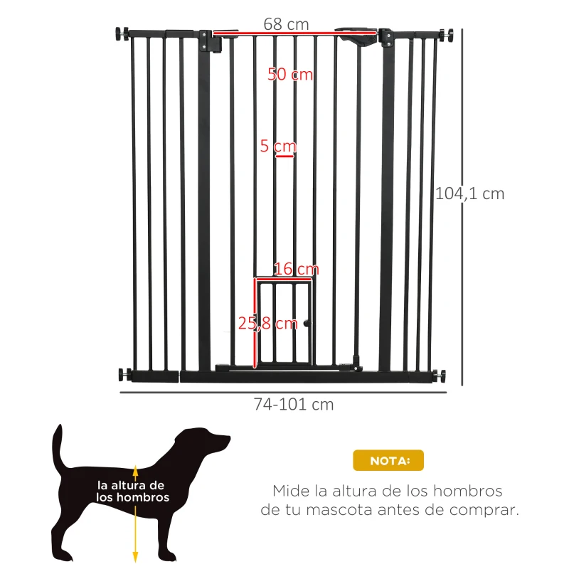 PawHut Barrera de Seguridad Extensible con Puerta Pequeña Cierre Automático y Sistema de Doble Bloqueo 74-101x104,1 cm Negro