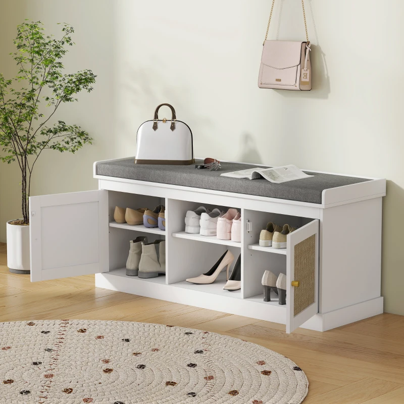 HOMCOM Banco Sapateira com Assento Acolchoado Portas em Vime e Prateleira Aberta para 9 Pares de Sapatos 105x35x47 cm Branco